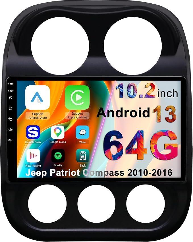 Car Radio Stereo for Jeep Patriot Compass 2010-2016, 10.2 Inch IPS Touchscreen Android 13 64GB, Wireless CarPlay Android Auto, Plug and Play, 1080P Backup Camera, 5G WiFi, GPS, SWC, AM/FM
