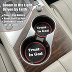 Christian Trust in God Steering Wheel Cover with 2 Coasters, Red & Black PU Leather Anti-Slip Car Wheel Protector, Christian Gifts for Men Women, Universal 15" Fit Cars SUVs Trucks