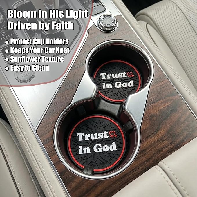 Christian Trust in God Steering Wheel Cover with 2 Coasters, Red & Black PU Leather Anti-Slip Car Wheel Protector, Christian Gifts for Men Women, Universal 15" Fit Cars SUVs Trucks