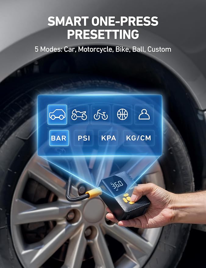 150 PSI Tire Inflator Portable Air Compressor, Fast Inflation Cordless Air Pump with LED Light &Pressure Gauge, Auto Shut-Off, L7 Mini Tire Inflator for Cars, Motorcycle, Bicycle, Ball, Yellow