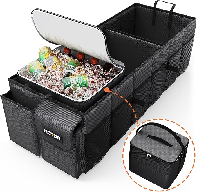 Trunk Organizer, Sturdy Foldable with Cooler for Car & SUV, 3 Compartments, Black, 31.5” x 12.6” x 10.6”