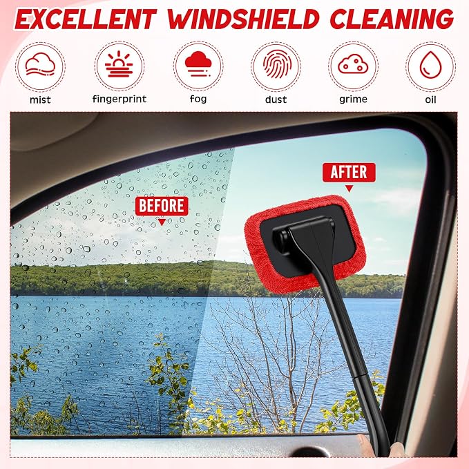 8 Pcs Car Windshield Cleaner Tool Kit with Removable Handle, Microfiber Towel Pads, Brush, Empty Spray Bottle for Auto Glass Wiper Suvs Rvs & Home Windows(Red)