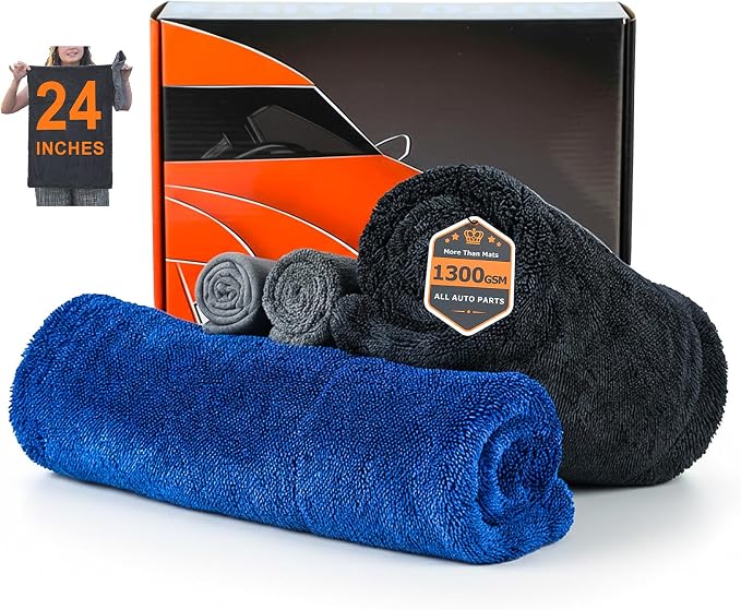 4-Pack 1300GSM Microfiber Car Drying Towels + 700GSM Chamois | Ultra Absorbent Twisted Loop, Streak-Free, Scratch-Free, Lint-Free, Lightweight, Easy to Handle