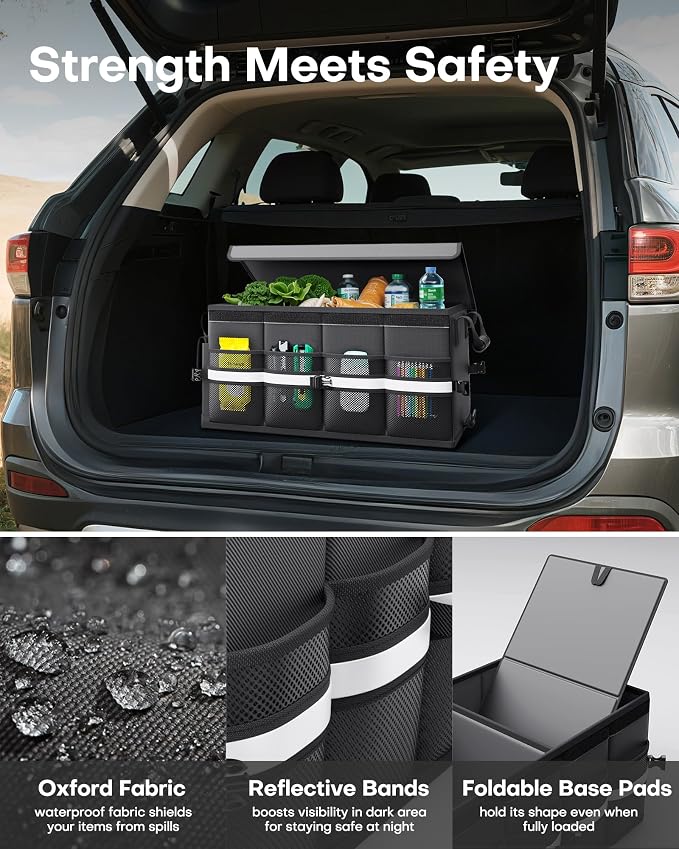 Car Trunk Organizer - Foldable Trunk Organizer for SUV, Car Storage with Reflective Strips & Securing Cover, Large Capacity Car Accessories for Truck, Van & Sedan, Black, 24.4" x 13.8" x 11.0"