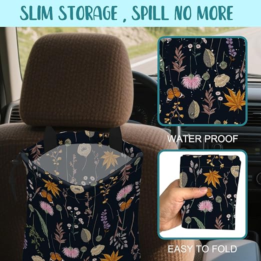 Car Garbage Bag Blooming Botanical Plants Drawstring Car Trash Bag Hanging for Back Seat with Adjustable Buckle Canvas Vehicle Trash Can Easy-to-Install