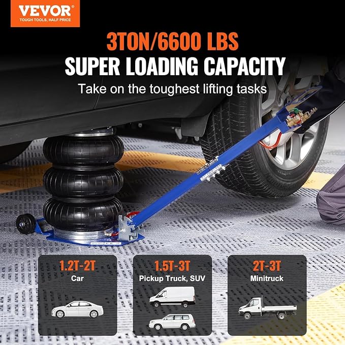 Air Jack, 3 Ton/6600 lbs Triple Bag Air Jack, Airbag Jack with Six Steel Pipes, Lift up to 17.7", 3-5 s Fast Lifting Pneumatic Jack, with Adjustable Long Handles for Cars