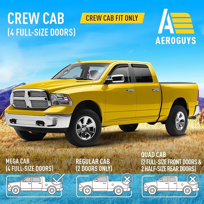 Extra Durable Window Deflectors Tape-On Window Visors Rain Guards Fit for Dodge Ram 1500 2009-2018 Crew Cab, Sun Visors, Wind Vent for Shades, Exterior Car Accessories - 4pcs. AG0028