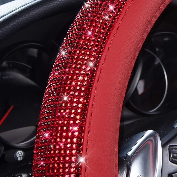 Bling Diamond Leather Steering Wheel Cover, with Bling Sparkly Crystal Glitter Rhinestones Universal Fit 14" 1/2-15" Car Wheel Protect for Women Girl Fit Suvs,Vans,Sedans,Cars,Trucks, Red