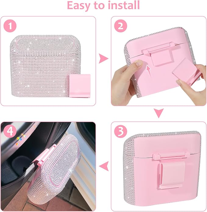 Bling Car Trash Can with Lid, Leakproof Mini Vehicle Trash Bin Automotive Dustbin Organizer Storage, Sparkling Crystal Rhinestone Trash Bag Container with 30pcs Garbage Bags Car Accessories