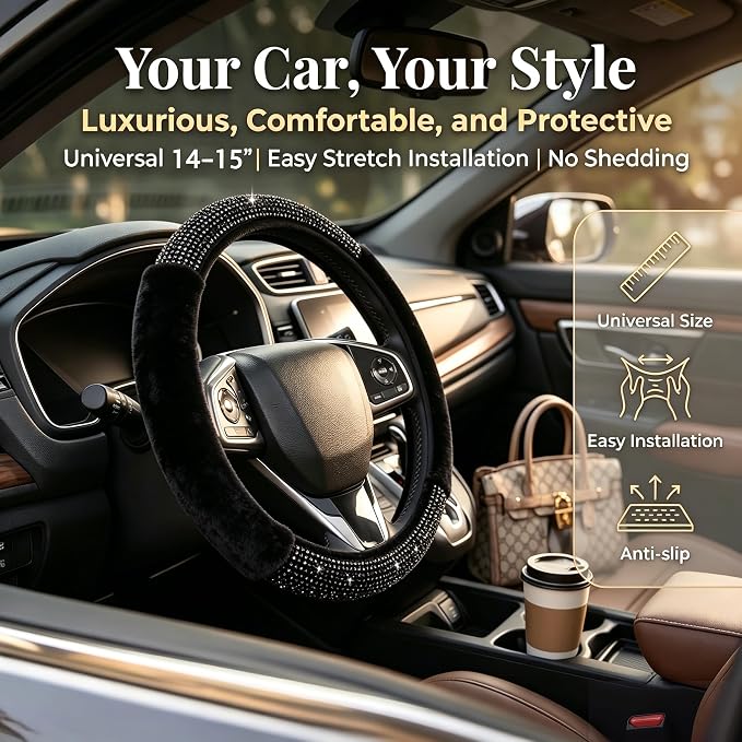 Black Bling Steering Wheel Cover Fluffy Rhinestone for Women Girls | Diamond Elastic Car Steering Wheel Accessories Sparkling Fur Steering Wheel Protector Winter Warm Universal Fit 14-15 inch