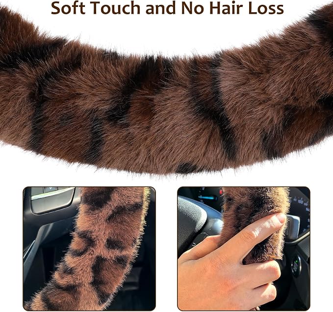 Fuzzy Car Steering Wheel Cover, Universal Fit Fur Auto Wheel Cover & Handbrake Cover & Gear Shift Cover Set, Fashion Leopard Fluffy Steering Wheel Protector Car Accessories for Men Women
