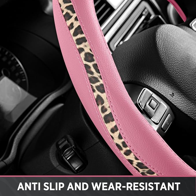 Steering Wheel Cover - Flat Bottom Wheel Cover Made with PVC Leather and Leopard Fabric - Universal Fit for 15-Inch D-Shaped Automotive Steering Wheels (Pink Color)