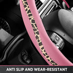 Steering Wheel Cover - Flat Bottom Wheel Cover Made with PVC Leather and Leopard Fabric - Universal Fit for 15-Inch D-Shaped Automotive Steering Wheels (Pink Color)
