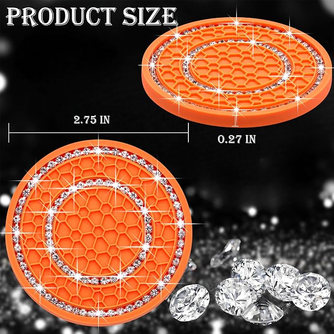 4PCS Bling Crystal Rhinestone Cup Holder Coaster, 2.75 inch Soft Silicone Anti-Slip Shockproof, Car Cup Holder Insert Coasters, Universal Car Interior Accessories for Women (Orange & White)
