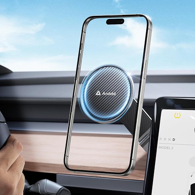 Upgrade Tesla Phone Mount [Strong Magnet & Foldable] MagSafe Car Mount for Tesla New Model Y Juniper Model 3, 360° Adjustable Tesla Phone Holder fits iPhone 17 16 15 Pro Max, Tesla Accessories
