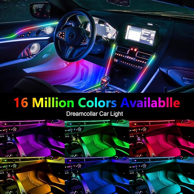 Dreamcolor Acrylic Interior Car Lights, Car Accessories 2 in 1 Car LED Strip Lights with APP Control and 213 Modes, Car Center Console Fiber Optic Lights, RGB Neon Light Kits