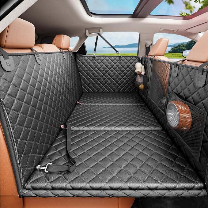 2.0 Hard Bottom Back Seat Extender for Heavy-Duty Dogs, Dog Truck Seat Cover with Cushion Sponge, Waterproof Dog Hammock with Mesh Window for Car, Universal Fit for Crew Cab Truck/SUV, XL Black