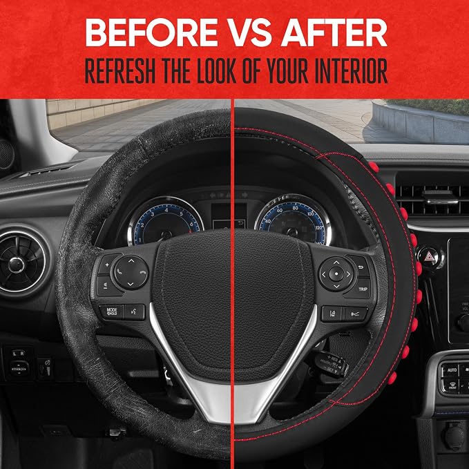 FlexGrip Red Steering Wheel Cover for Cars – Standard 15 inch Car Steering Wheel Cover, Red and Black Steering Wheel Protector for Auto Truck Van SUV