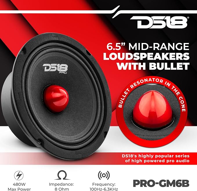 PRO-GM6B Loudspeaker - 6.5", Midrange, Red Aluminum Bullet, 480W Max, 140W RMS, 8 Ohms - Premium Quality Audio Door Speakers for Car or Truck Stereo Sound System (1 Speaker)