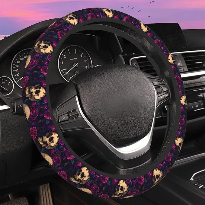 Gothic Skull and Rose Steering Wheel Cover for Women Men Neoprene Breathable Wheel Cover Protector Anti-Slip Car Accessories Universal 15 Inch Fit for Cars Trucks Vehicles