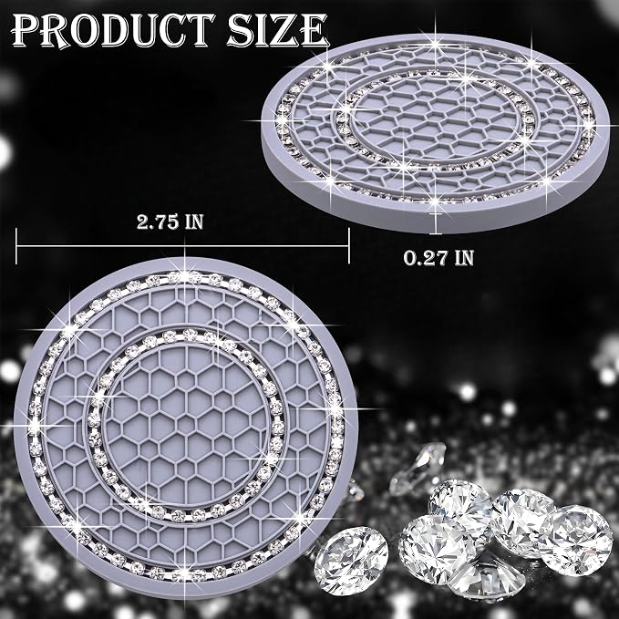 4PCS Bling Crystal Rhinestone Cup Holder Coaster, 2.75 inch Soft Silicone Anti-Slip Shockproof, Car Cup Holder Insert Coasters, Universal Car Interior Accessories for Women (Gray & White)