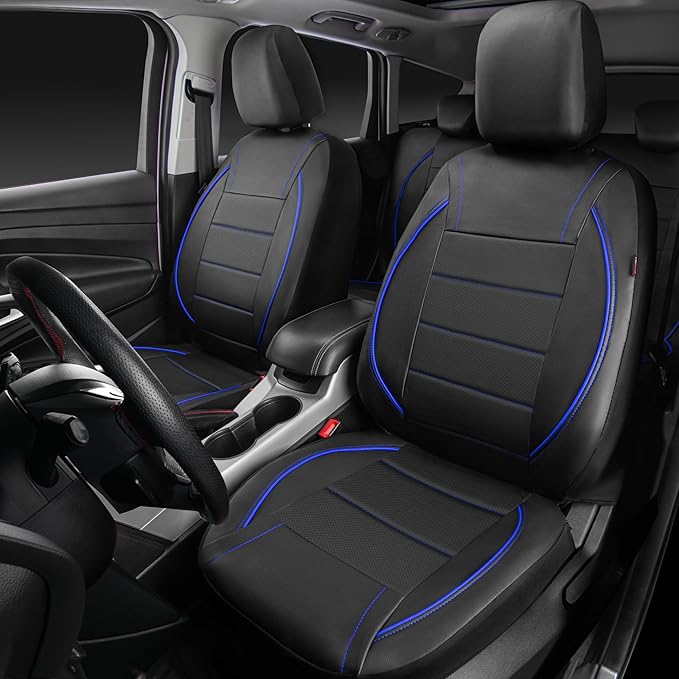 Universal FIT Piping Leather Car Seat Cover, for suvs,Van,Trucks,Airbag Compatible,Inside Zipper Design and Reserved Opening Holes (Full Set, Black and Blue)