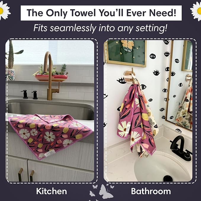 Microfiber Hand Towel & Washcloth Set of 2 - Double-Sided, Waffle Weave, Super Absorbent, Lint-Free, Fast Drying - for Bathroom, Kitchen, Car, and Window Cleaning (Wings & Flower Farm - Purple/Cream)