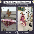 Microfiber Hand Towel & Washcloth Set of 2 - Double-Sided, Waffle Weave, Super Absorbent, Lint-Free, Fast Drying - for Bathroom, Kitchen, Car, and Window Cleaning (Wings & Flower Farm - Purple/Cream)