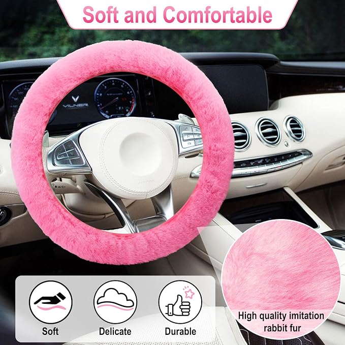 3 PCS Fluffy Steering Wheel Cover Set, 15'' Furry Car Wheel Cover, 2 Seat Belt Shoulder Pads, Anti-Slip Fur Steering Wheel Cover, Winter Warm Fluffy Car Accessories for Women, Pink