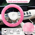 3 PCS Fluffy Steering Wheel Cover Set, 15'' Furry Car Wheel Cover, 2 Seat Belt Shoulder Pads, Anti-Slip Fur Steering Wheel Cover, Winter Warm Fluffy Car Accessories for Women, Pink