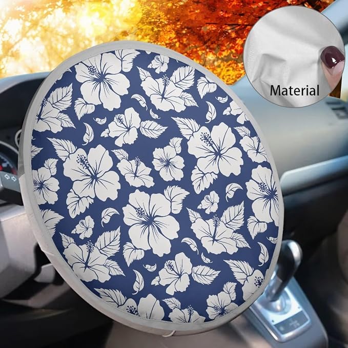 Blue Hibiscus Flowers Steering Wheel Cover Sun Shade Universal 17 inch Insulation Steering Wheel Cover for Cars SUV Trucks Cute Car Steering Wheel Accessories for Women