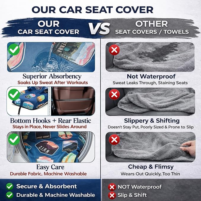 Front Waterproof Car Seat Towel Cover, Sweat Seat Protector for Cars and SUVs with Headrest Cover and Fixed Hooks for Use After Gym, Beach, Swimming, and Outdoor Activities