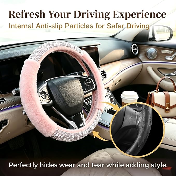 Bling Steering Wheel Cover Pink Fluffy Rhinestone for Women Girls | White Diamond Elastic Car Steering Wheel Accessories Sparkling Fur Steering Wheel Protector Warm Universal Fit 14-15 inch