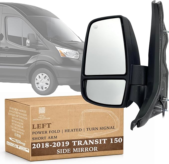 Driver Side Mirror for 2018-2019 Ford Transit 150 250 350 Power Adj Heated Power Folding Turn Signal Light Short Arm Textured Black 8 Pins Left FO1320602