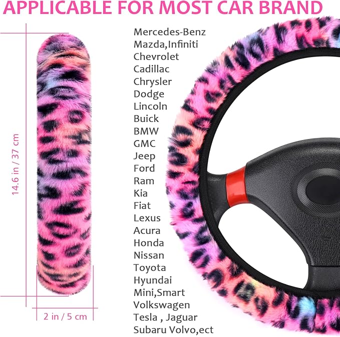 Fuzzy Car Steering Wheel Cover, Universal Fit Fluffy Auto Wheel Cover & Handbrake Cover & Gear Shift Cover Set, Leopard Print, Car Steering Wheel Cover Protector for Women Girls (Colorful)