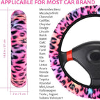Fuzzy Car Steering Wheel Cover, Universal Fit Fluffy Auto Wheel Cover & Handbrake Cover & Gear Shift Cover Set, Leopard Print, Car Steering Wheel Cover Protector for Women Girls (Colorful)