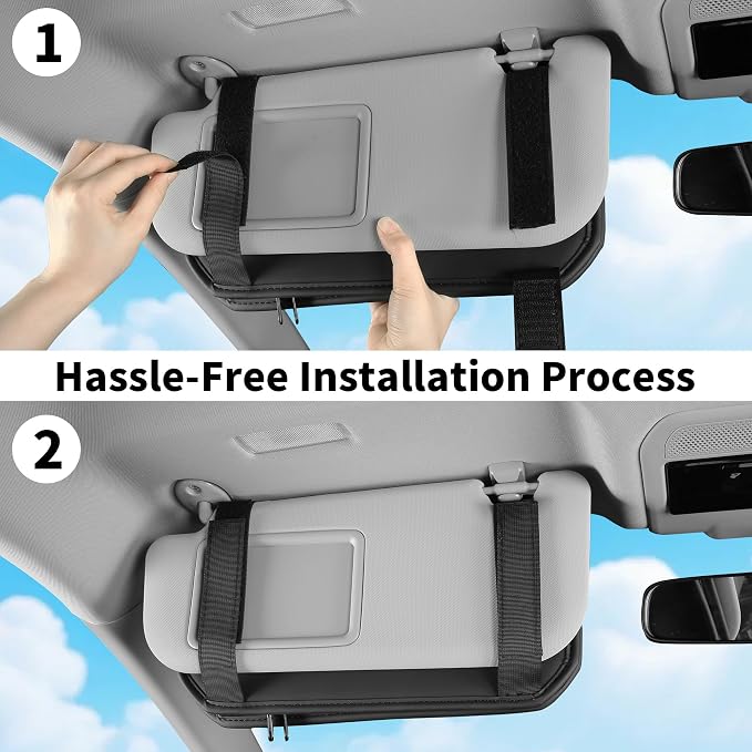 Car Sun Visor Organizer with Zipper Pockets PU Leather Storage Bag with Elastic Straps and Glasses Clip Sunvisor Organizers for Car SUV Truck