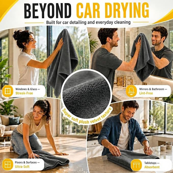 Car Drying Towel, Extra Large 48 x 24 Inch, 1400 GSM, Dual-Grey | Twisted Loop Microfiber Towel for Cars - Absorbent Car Dry Towel and Car Wash Towel for Streak-Free, Paint-Safe Car Detailing