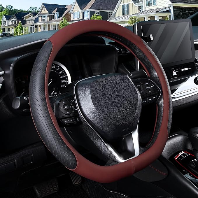 D Shaped Steering Wheel Cover for 14.5-15 inch Flat Bottom Wheels, Breathable Perforated Microfiber Leather, Anti-Slip Grip, Universal Fit for Cars & SUVs, Black and Burgundy