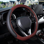 D Shaped Steering Wheel Cover for 14.5-15 inch Flat Bottom Wheels, Breathable Perforated Microfiber Leather, Anti-Slip Grip, Universal Fit for Cars & SUVs, Black and Burgundy