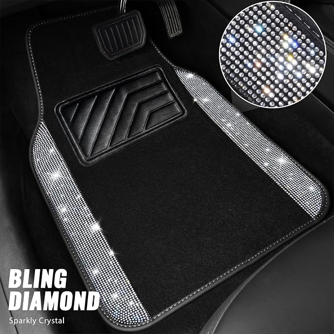 Bling Diamond Leather Steering Wheel Cover 14.5in-15in Floor Mats Shining Rhinestone Carpet Sparkly Glitter Crystal Anti-Slip Pad Fit Automotive SUV Pickup Truck Girl Women, 5pcs Black Sliver