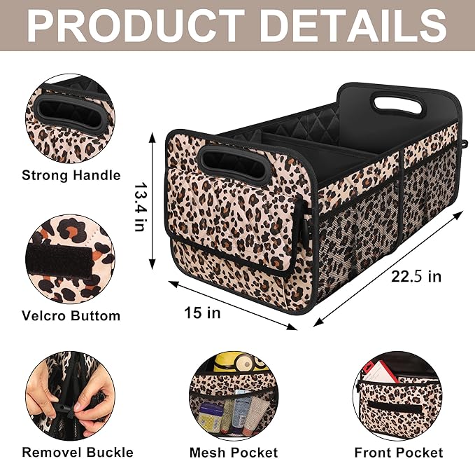 Trunk Organizer for SUV, Car Organizers and Storage with Reinforced Handles, Car Accessories for Women/Men - Large, Leopard Print