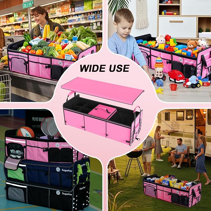 Bold Color Block Trunk Organizer | 95L, 35"x13.8"x11.8" | Dedicated Shoe Storage & 26L Ice Pack | Foldable for SUV/Car/Jeep | Stylish Gift & Car Accessories for Men & Women - Pink-X212