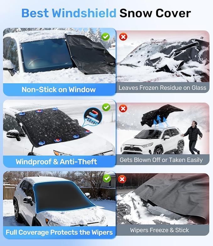 Upgrade Windshield Cover for Ice & Snow [Fast Install & Removal] 600D Oxford Fabric Against Magnetic Fit Snow, Ice, Frost, Winter Accessories - Fit for All Sedans/Cars - (69' x48'')