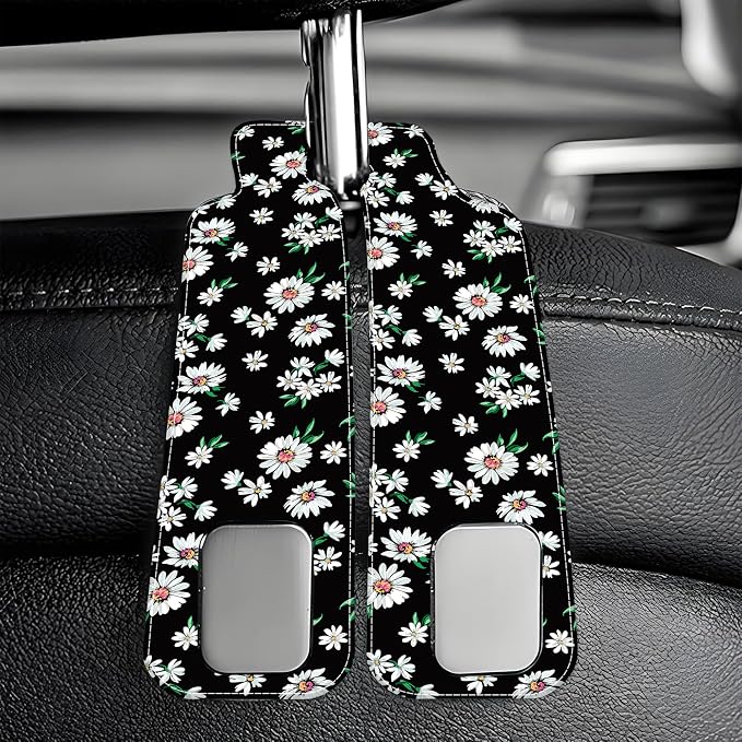 Purse Hook for Car Little White Daisy Flowers 1 Pack Headrest Back Seat Hook Premium Leather Double Metal Hanger Storage Pack Bag Purse Holder Car Interior Accessories