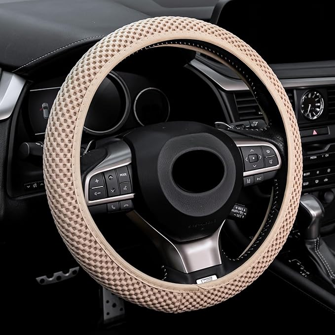 Elastic Stretch Steering Wheel Cover, Breathable Microfiber Ice Silk, Anti-Slip, Car Interior Accessories Fits for 14"-15" Steering Wheel Covers for Women & Men(Beige)