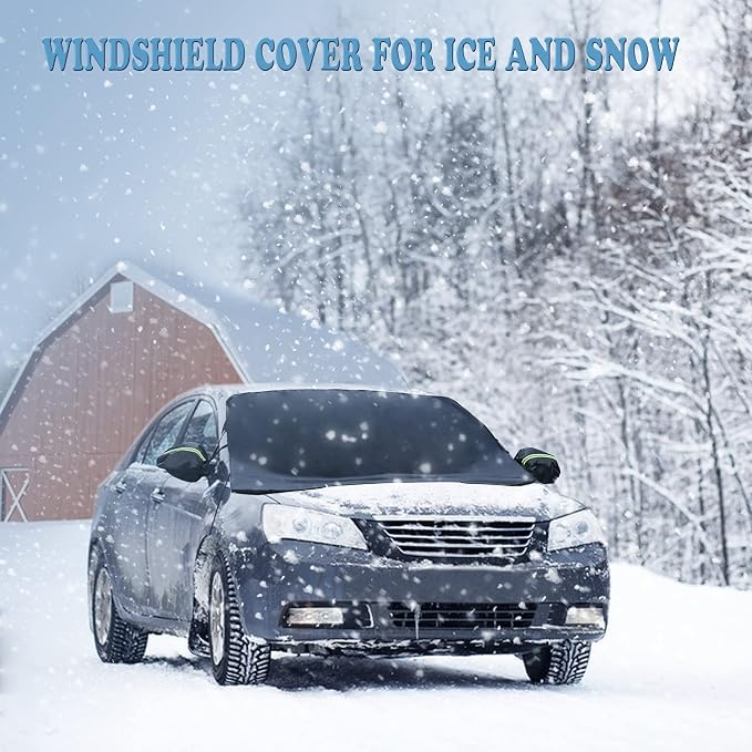 Car Windshield Snow Cover for Ice and Snow- Durable 600D Oxford Fabric with Side Mirror Covers Ice Scrapers Waterproof Windproof Dustproof Windshield Covers Universal Fit for Most Vehicle