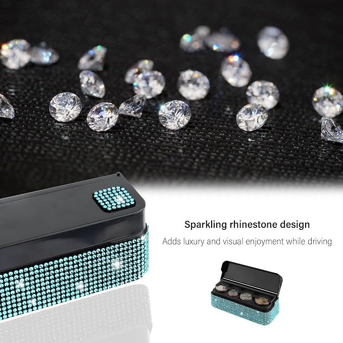 carleef Bling Coin Holder for Car,4 Compartment Car Organizers and Storage with Rhinestones Compatible with Quarter/Nickel/Pennies/Dimes,Universal Coin Organizer for Car SUV Truck (Blue)