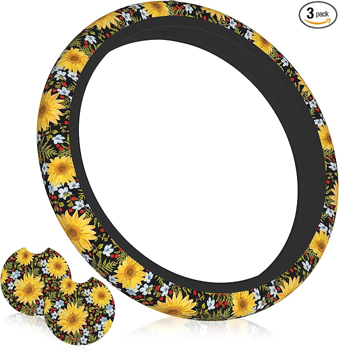 Steering Wheel Cover Sunflower Car Accessories + 2 Pieces Coasters | Universal 14-15 Inch Neoprene Auto Interior Decor Anti Slip Car Protector for Women Men