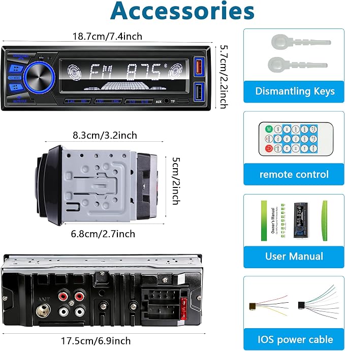 Car Radio Bluetooth Single DIN Car Stereo with Bluetooth,Car Audio with Push to Talk Button for Handsfree Calling,FM/ MP3/EQ/SD/AUX,Dual USB,iOS & Android App Control,7 LED Colors | No CD Player
